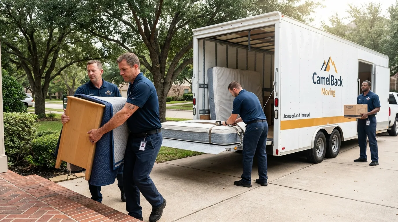 Crew loading residential truck for cross-state move from Ranchos de Taos, NM