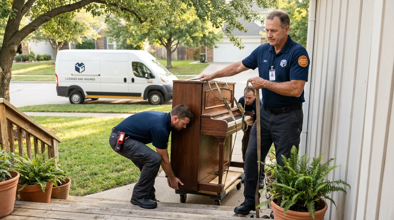 Licensed piano movers securing grand piano in Ranchos de Taos, NM