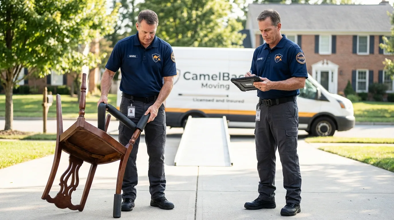 Movers inspecting furniture for damage prevention before loading in Ranchos de Taos, NM