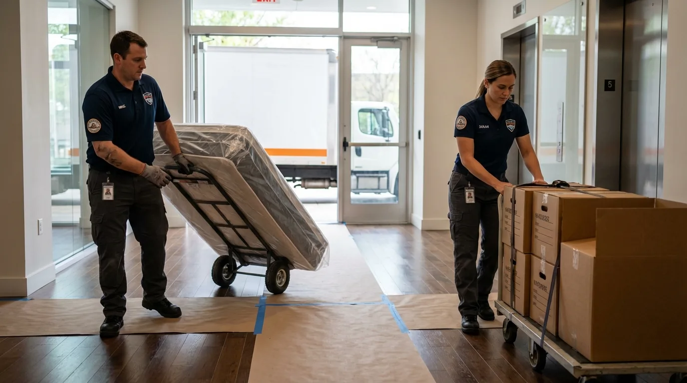 Professional apartment movers loading elevator in Ranchos de Taos, NM