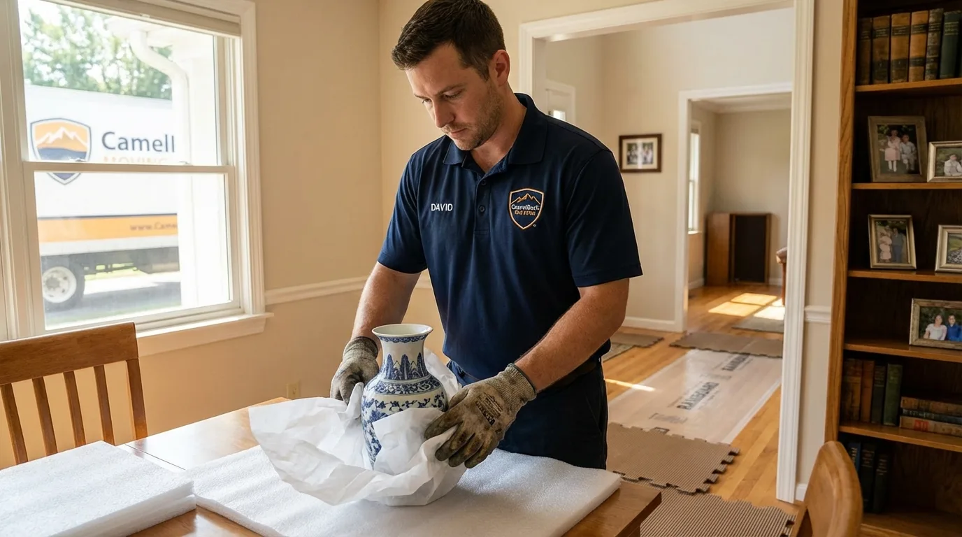 Professional crew carefully wrapping antique vase for senior downsizing move in Ranchos de Taos, NM