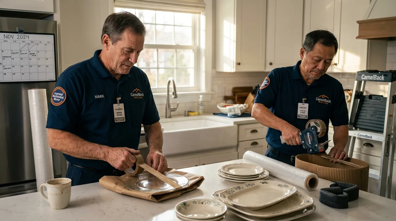Professional crew packing kitchen dishware in Ranchos de Taos, NM
